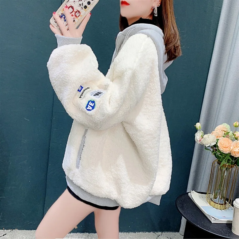 2023 Women's Autumn Cardigan Jackets Padded Lamb Plush Sweater Coat Hooded Long Sleeve Fleece Outwear Female Loose Windproof Top