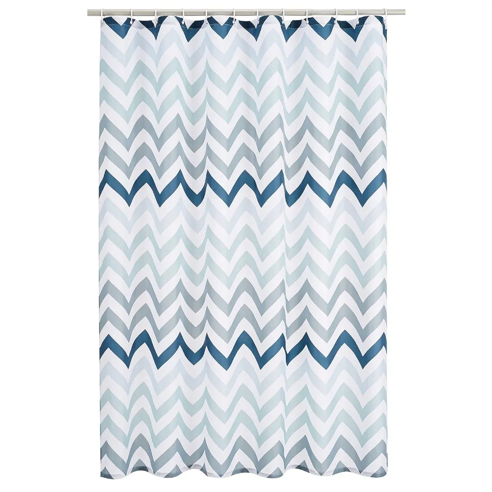 Water Resistant Fabric Shower Curtain with Grommets and Hooks, Machine Washable, Blue Ombre Chevron, 72''x72''