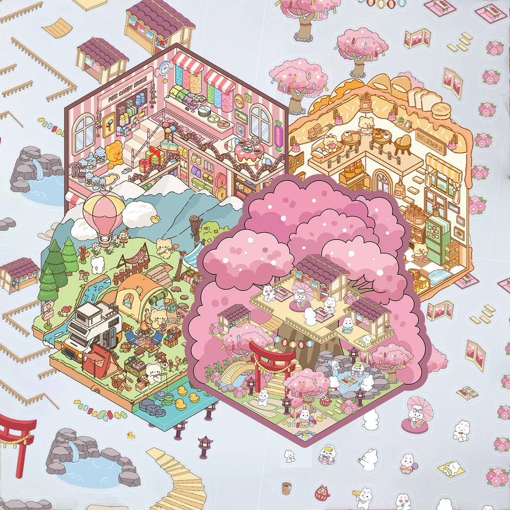 Pegatinas de paisajes: flor de cerezo Onsen Sake House, mundo en miniatura, cabaña estéreo 3D, bricolaje para aliviar el estrés (tienda del mundo de Anime)