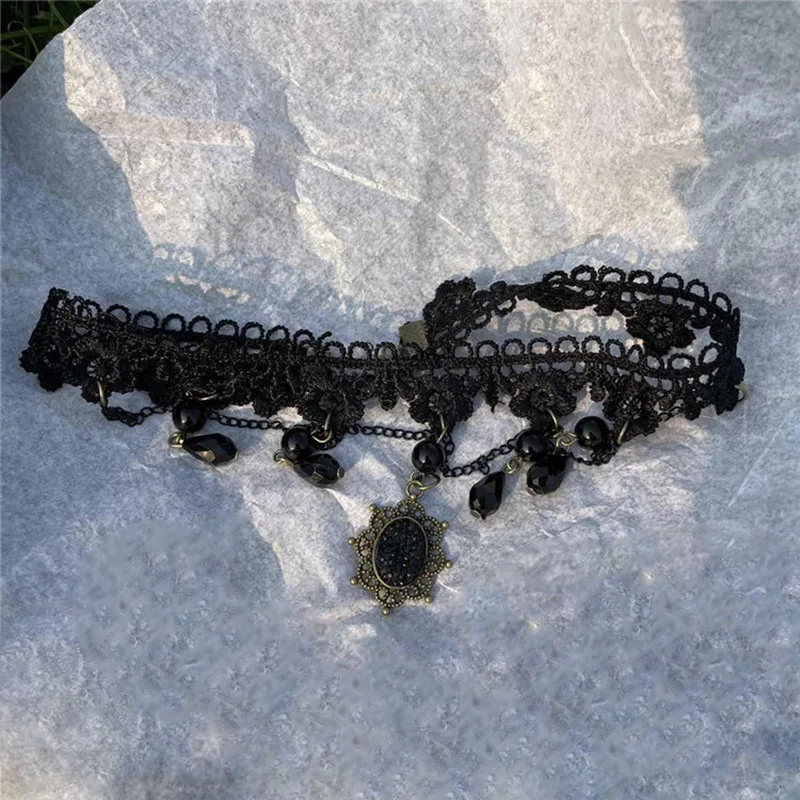 قلادة دلاية دانتيل للأميرة القوطية للنساء ، تقليد القطرات ، شرابة كريستال ، دانتيل عتيق داكن ، أسود #3