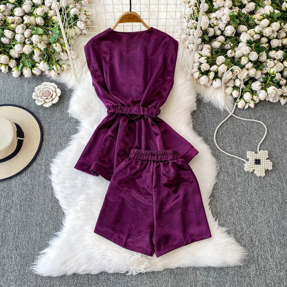 Feminino roxo conjuntos sênior roupa senhora verão elegante luxo cinto terno jantar banquete festa tropical praia férias sexy conjunto