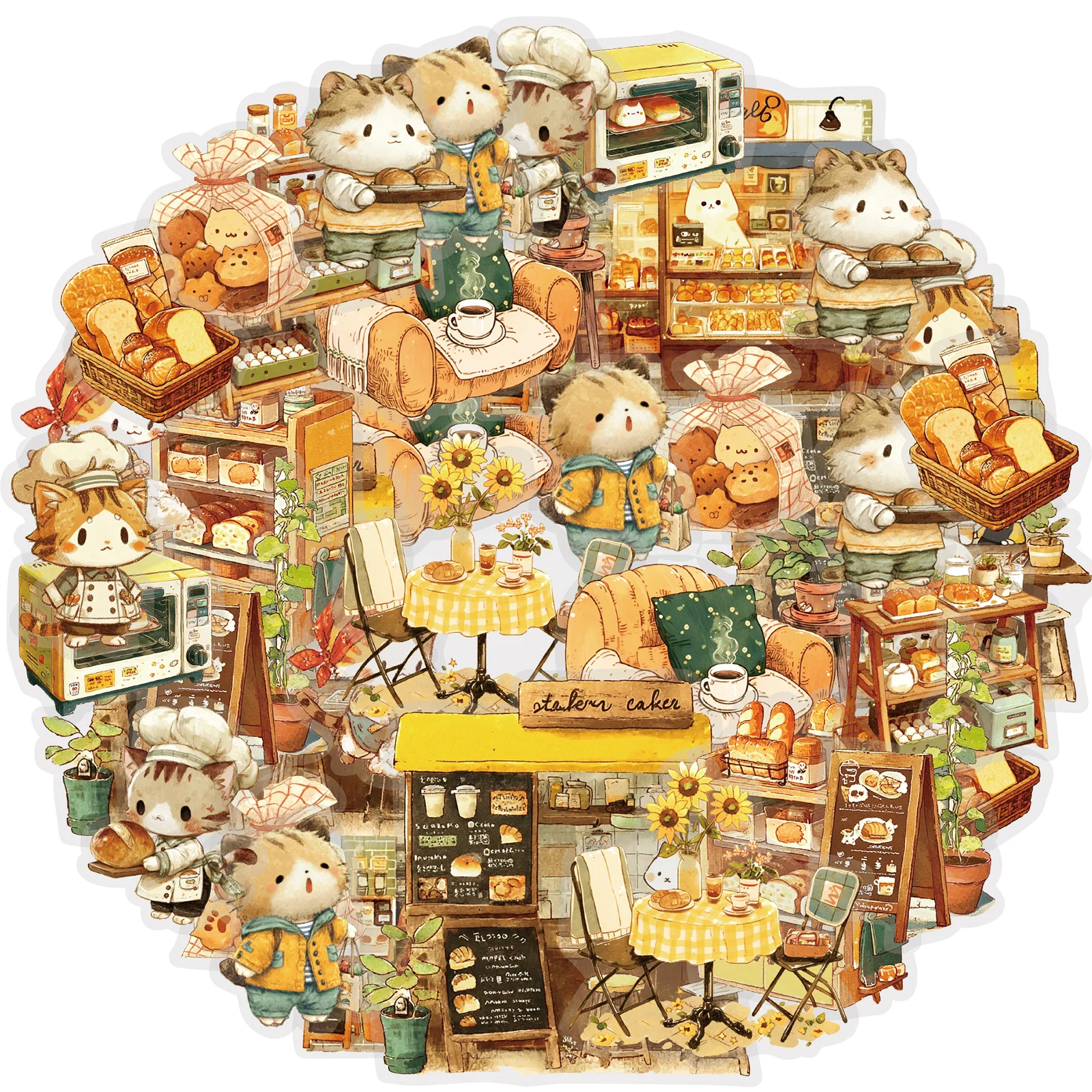 Etori Life 15Pcs Warm Aesthetic Stickers with Cute Baking Cat Patterns and Small House Designs for Laptops, Suitcases, Photo Albums, Guitars, Bicycles, Office Decoration Accessories, Handmade Scrapbooking Supplies, DIY Crafts, Envelopes and Gift Paper Bags, Colorful Stickers, Korean Stationery