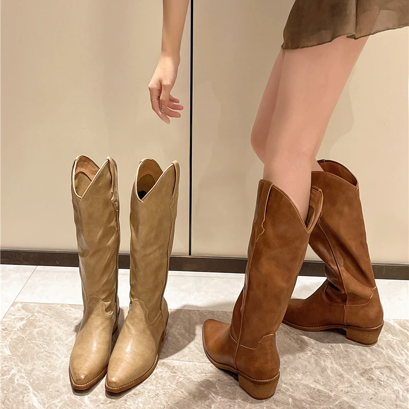 Pointed Toe Knight Boots for Women Brown PU Leather Knee High Boots Woman Autumn Winter Western Long Botas Mujer 2024