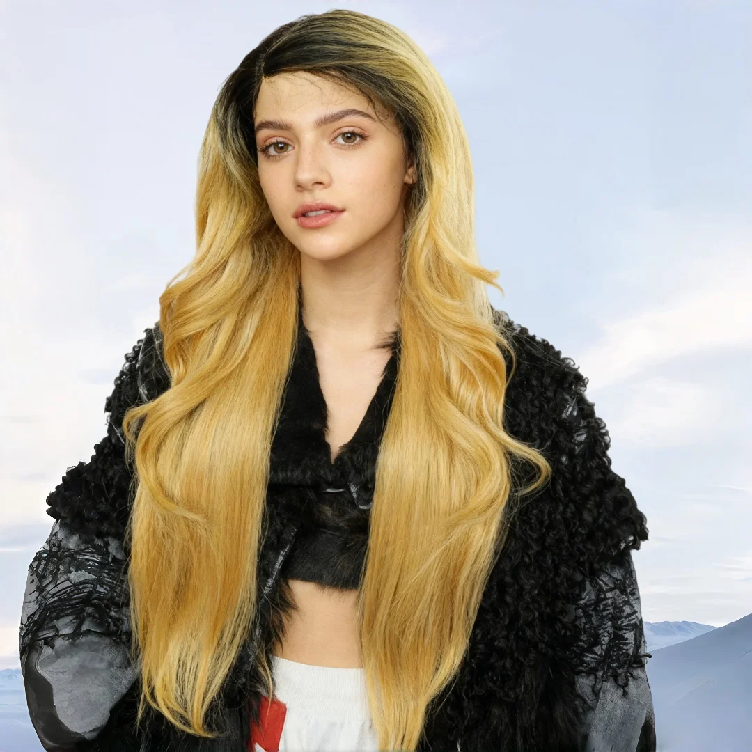 

Длинный волнистый блондин синтетический Т-образный парик спереди, двухцветный парик из термостойкого волокна с глубокими корнями, повседневный парик шнурка