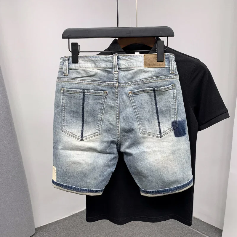 Male Denim Shorts with Pockets Blue Men\'s Short Jeans Pants Ripped Spliced New in Jorts Harajuku Korean Fashion Cowboy Thin Y2k