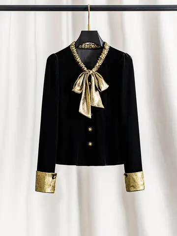 Women Black Velvet Bow Tie Blouse Elegant Long Sleeve Chic Satin Silk Top Luxury Party Shirt Fashion Slim Fit Dressy Outfit Top