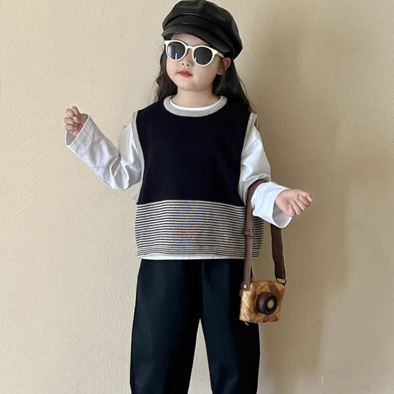 

Baby Girl's 2-Piece Set Spring Autumn College Style Striped Knitted Vest Casual Pants Outfit for Kids