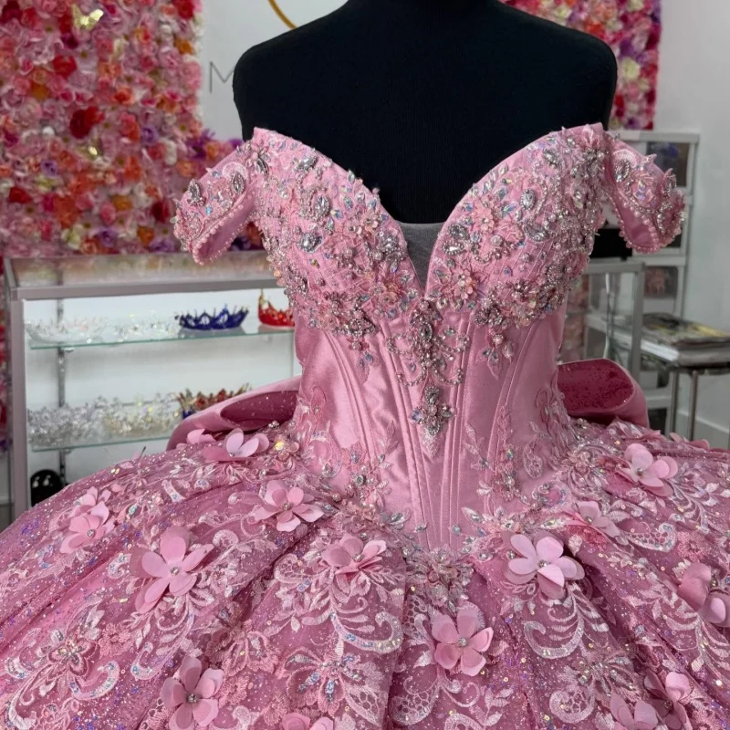 

Shiny Pink Quinceanera Dresses Off the Shoulder Glitter 3D Flower Decal Crystal Long tail Vestido De 15 Quinceanera Customize