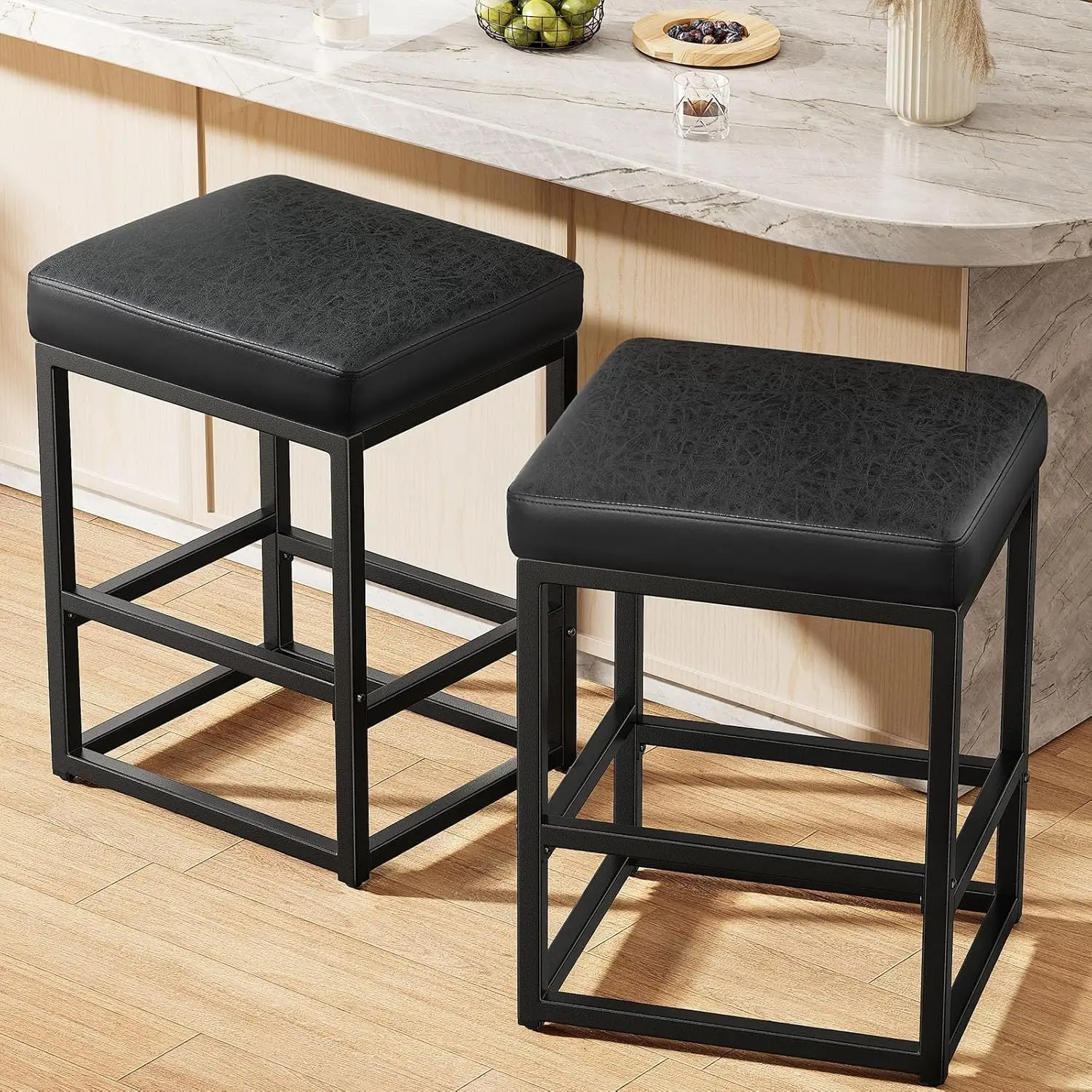 

Counter Height Bar Stools Set of 2, 24" Barstools for Kitchen Countertop, Faux Leather Counter Stools with Thick Square Seats &