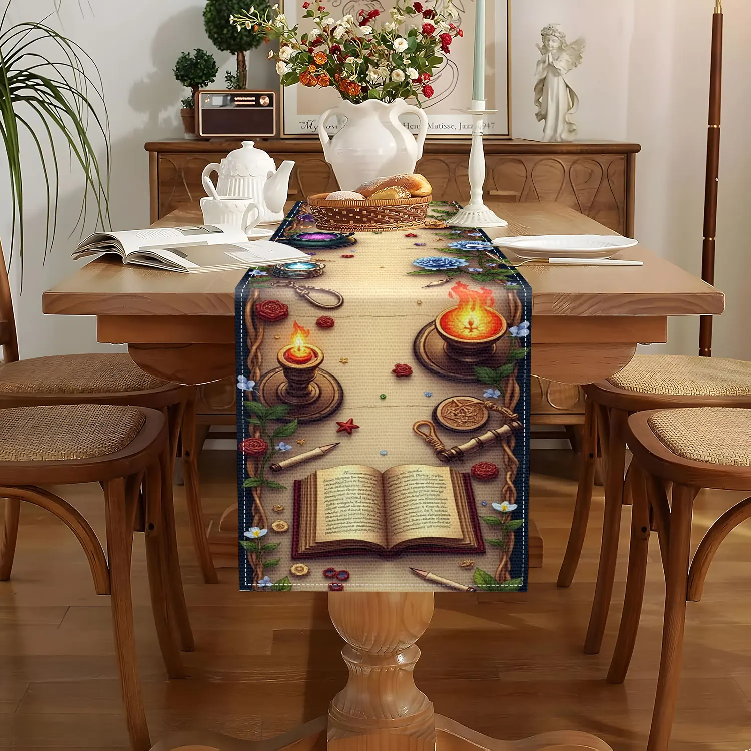 1 Piece of Magic Book and Potion-Themed Table Runner, Decorated with Magic Books, Potion Bottles, and Other Elements, Suitable for Fantasy-Style and Magical-Themed Spaces