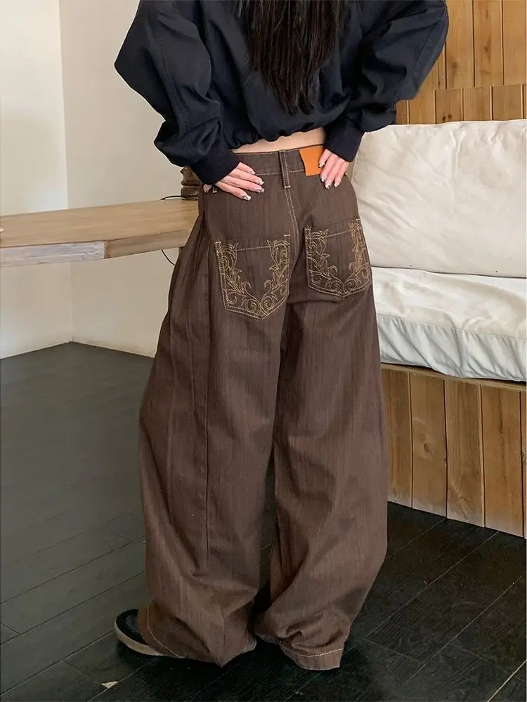 Large Size Retro Spice Girl Washed Vertical Striped Jeans Children's Design Sense Pocket Embroidered Wide Leg Floor Pants