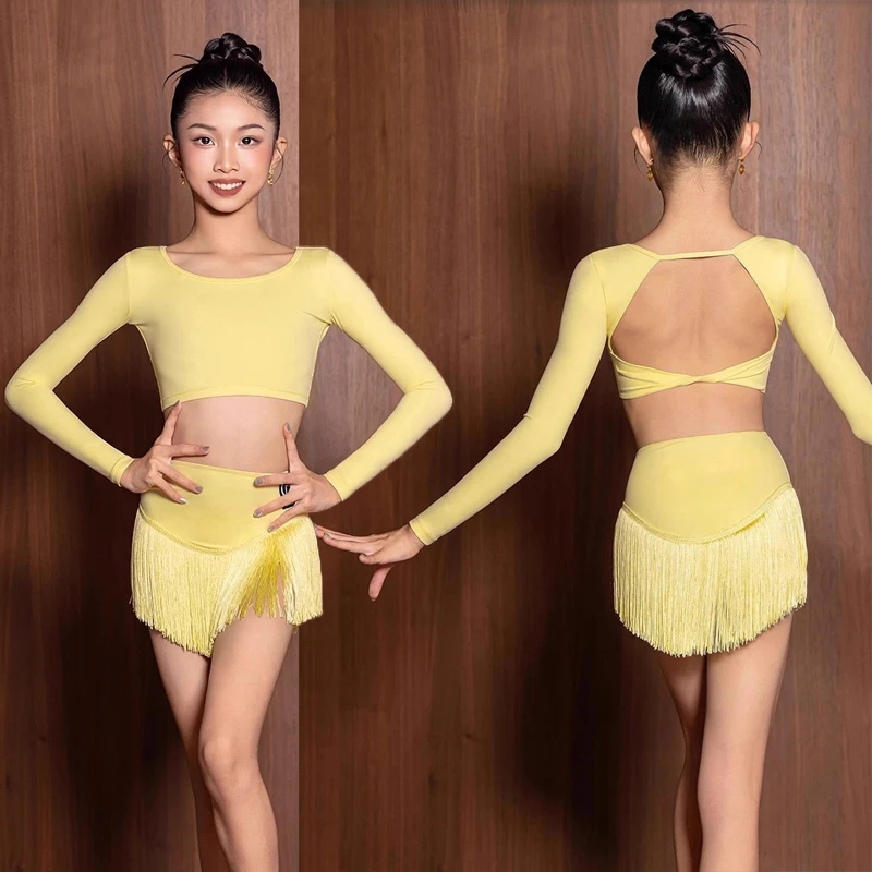 Nuevo conjunto de baile latino para niñas para el verano 2025, falda con borlas amarillas para baile latino para niños, traje de práctica de baile cha rumba samba