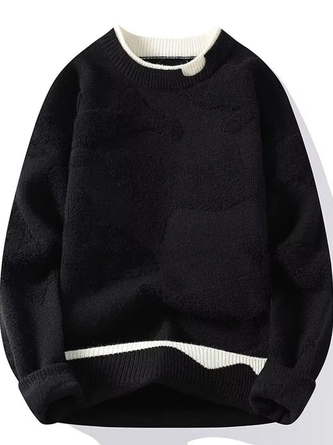 

Autumn Winter Men's Knitted Sweater Warm Red Hooded Outerwear Top Fake Two-Piece Cozy Medium Gauge Long Sve round Ne