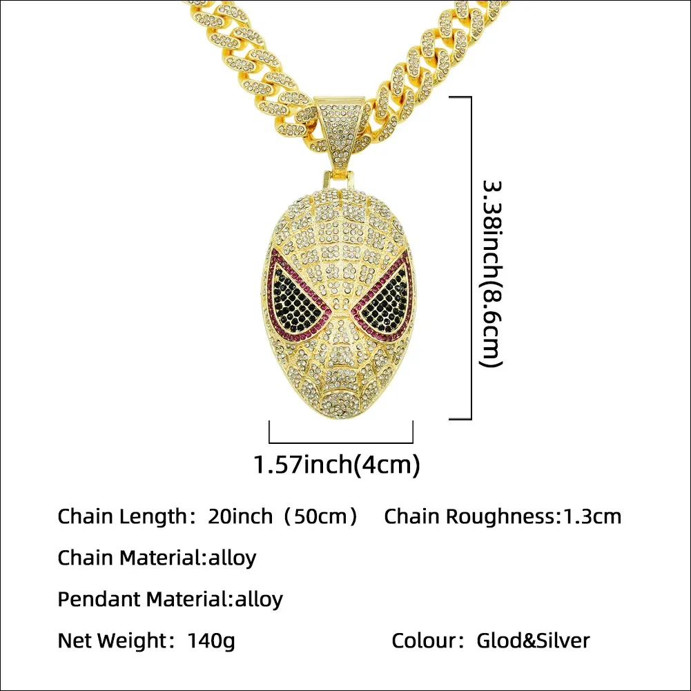 Men Women Hip hop Iced out Bling Mask Pendant Necklace crystal Cuban Chain Hiphop Necklaces fashion Charm jewelry