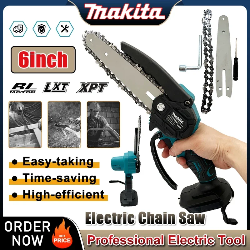 Makita-sierra de cadena eléctrica de 6 pulgadas, motosierra portátil de mano para registro de madera, herramienta eléctrica para poda de jardín y madera para batería de 18V