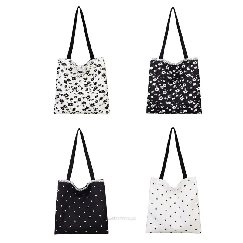 

X5XA Fashion Floral Print Lace Detail Canvas Shoulder Bag Lightweight Practical Bag