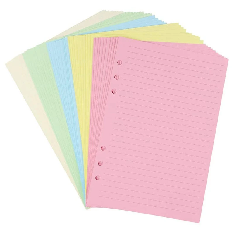 A5 Colorful 6-Hole Punched Ruled Refills Inserts For Organizer Binder, 5-Color Loose Leaf Planner Filler Paper,50 Sheets