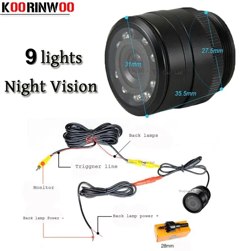 Koorinwoo 9 Ir Infrared Lights Night Vision Waterproof Car Rear View Camera Backup camera Parking Reversing System Sensors