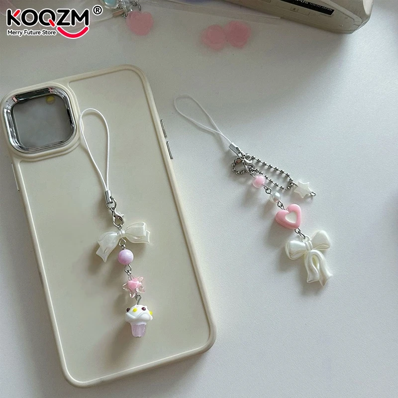 Korean Bow Beaded Mobile Phone Charm Strap Chain Lanyard Women Girl Jewelry Butterfly Phone Holder Beads Pendant Decoration