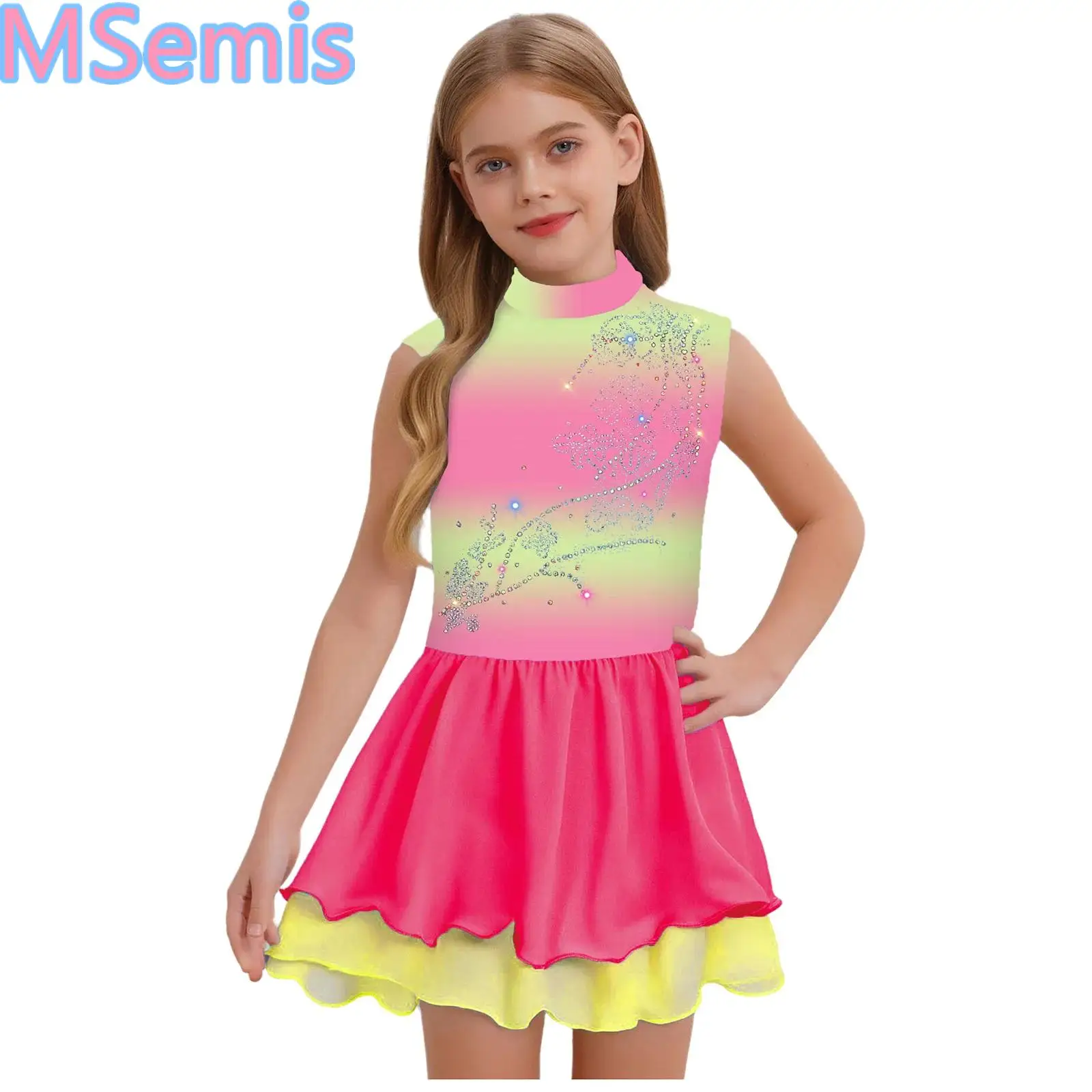 

Kids Girls Figure Skating Dance Performance Costume Mock Neck Sleeveless Keyhole Back Sparkly Rhinestones Gradient Dress