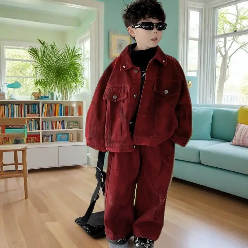 Baby Boys Children Red Denim Coat Spring Autumn Kid Fashion casual Gentleman Jean Top+Pants 2Pcs Suits Set Streetwear Handsome
