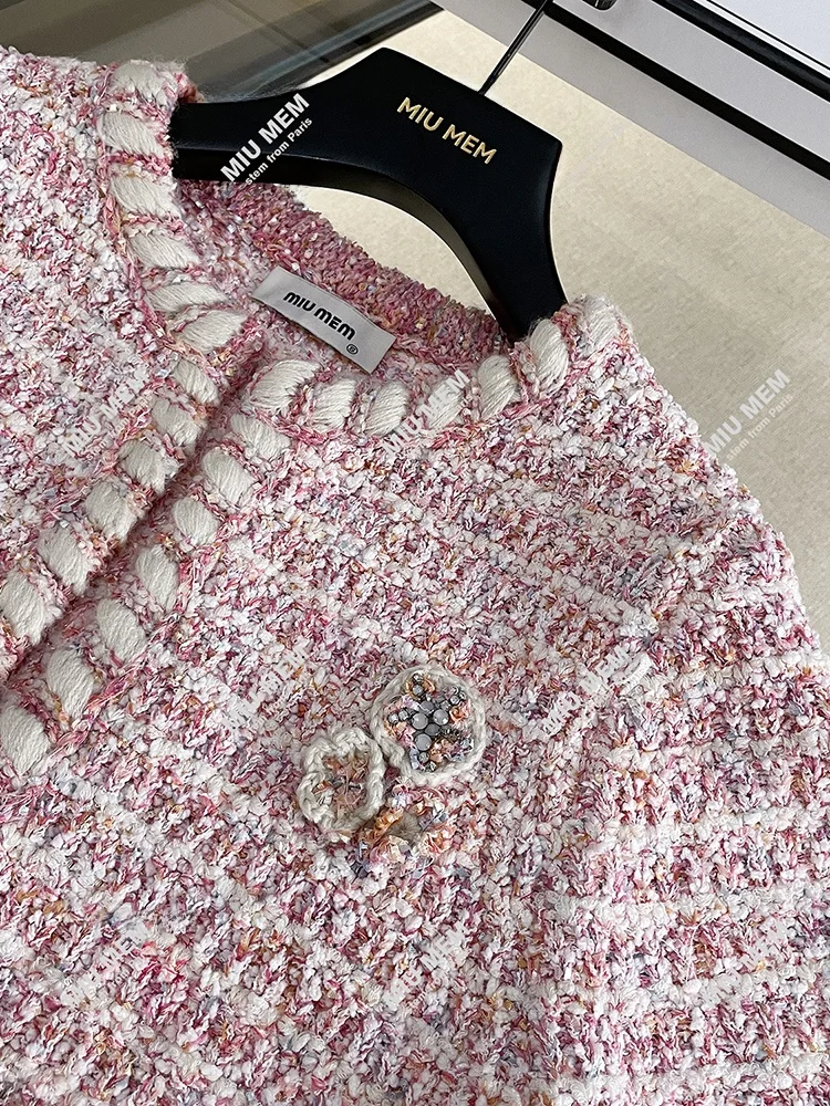 

High-End ort Floral Sequin Pink Outerwear Cardigan Coat Cozy Woolen Material Fragile Sle Loose Fit round Ne Button Closure
