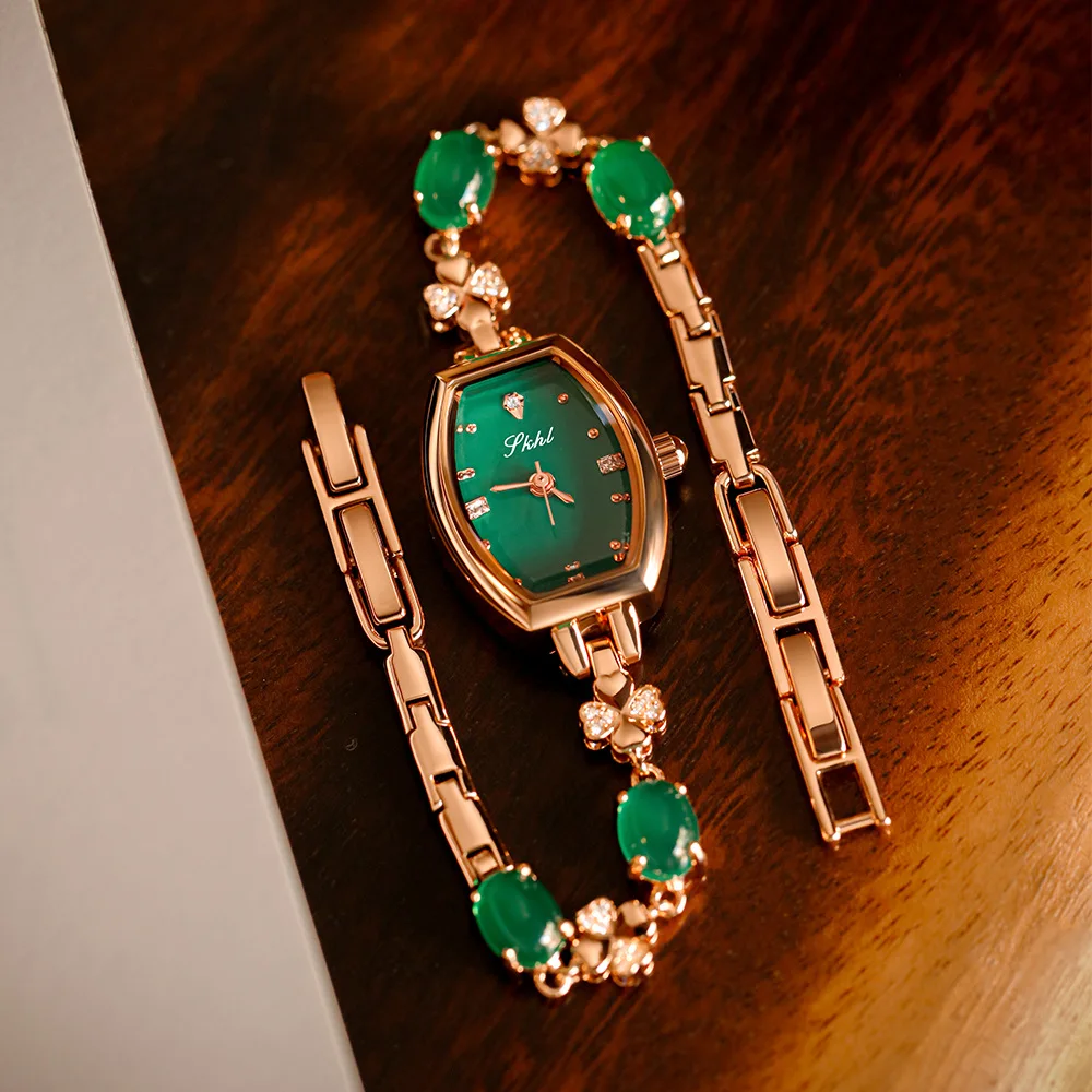 Watch for Women Chalcedony Bracelet Watch Elegant Rose Gold Tonneau Shaped Small Green Watch Retro Romantic Ladies Clock