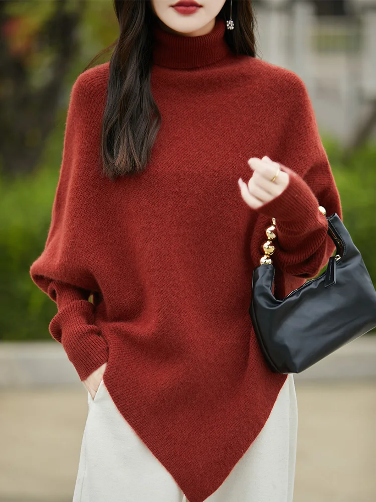 100% lã merino camisola feminina gola alta pulôver bainha irregular malhas casual feminino roupas superiores outono inverno moda manto