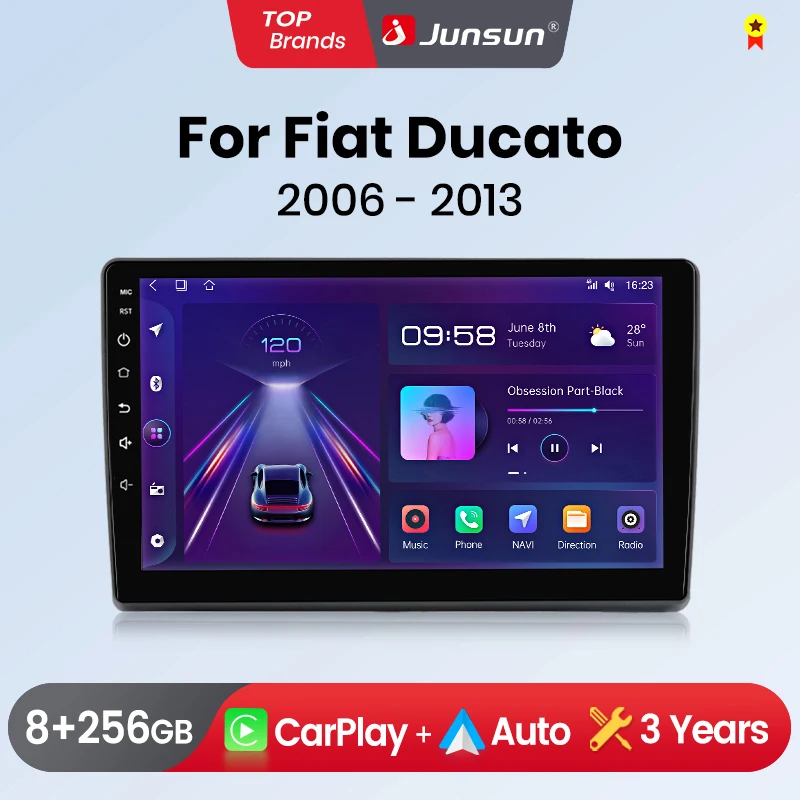Junsun-Autoradio Android sans fil pour Fiat Ducato et KIT Boxer, CarPlay, Cristaux et Jumper 2, Limitation GPS, 2 Din, 2006 - 2023