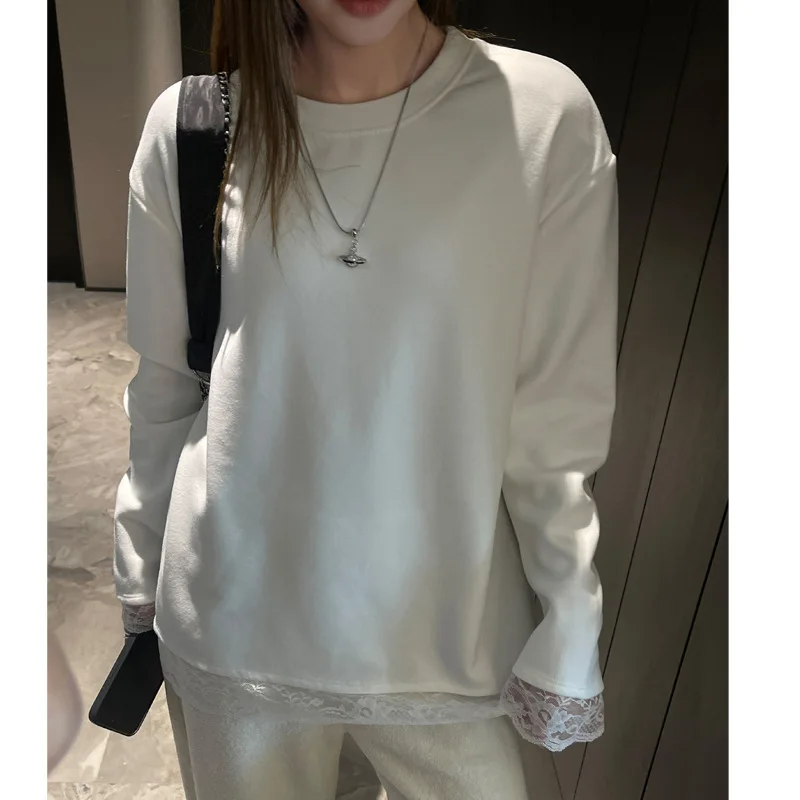 Slimming Effect Thickened Long Sleeve T-Shirt Women's Loose Version Korean Style round Neck Lace Splicing Base Shirt Inner Wear
