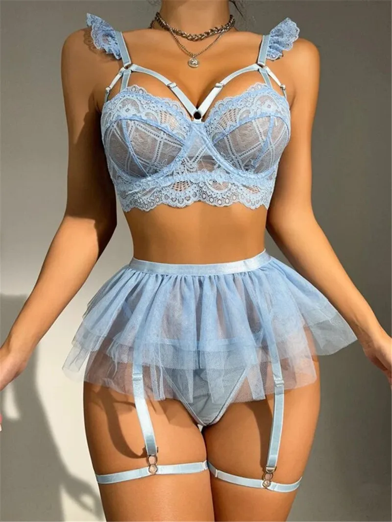 See Through Mesh Lingerie Set Mesh Ball Gown Dress Garter Kit Brief Sexy Erotic Set Erotic Underwear Sexy Lingerie Set Women