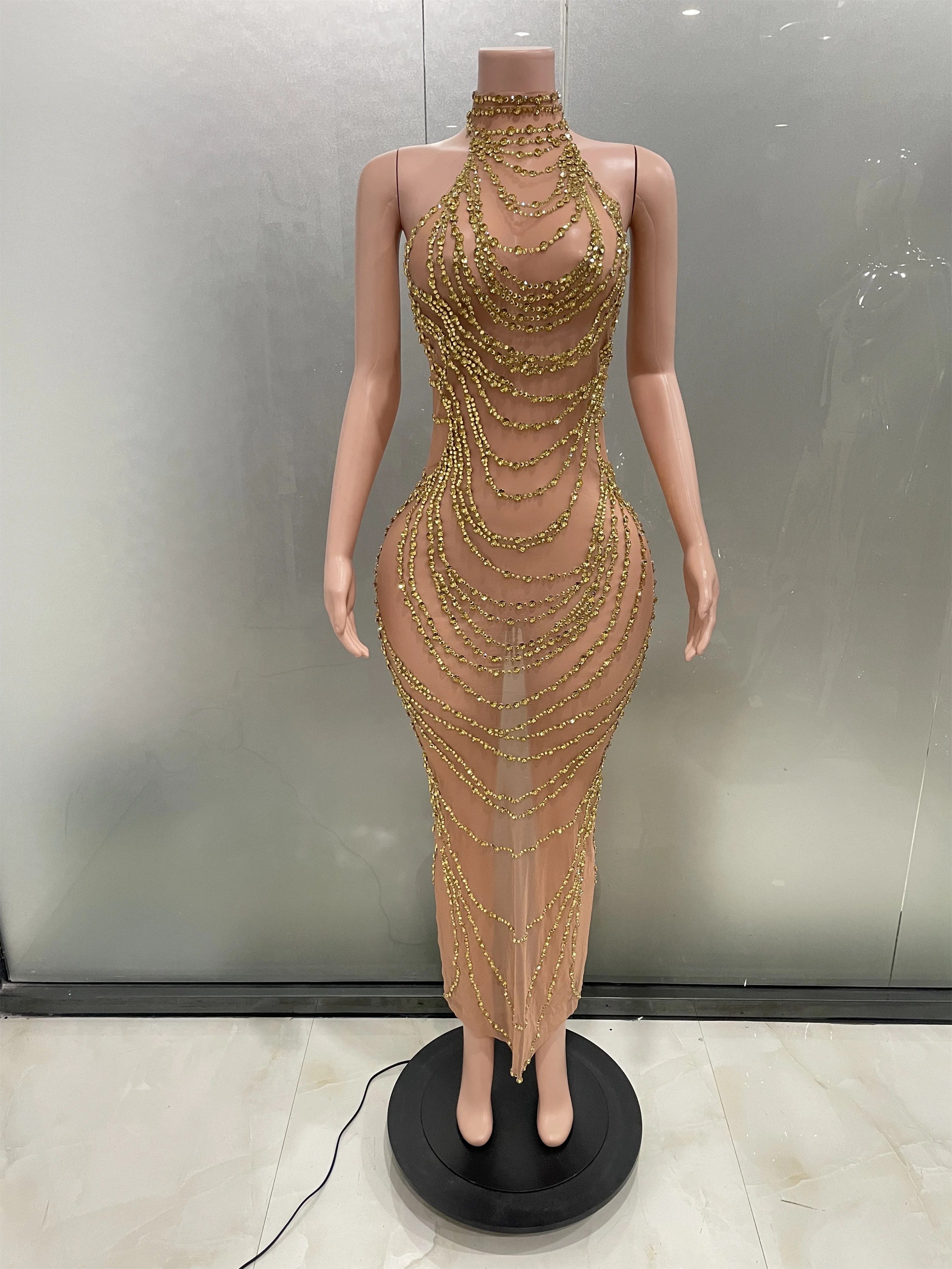 

Sexy Luxury Sparkly Gold Rhinestone Transparent Mesh Long Dress Women Birthday Party Gown Stage Singer Performance Show Costume
