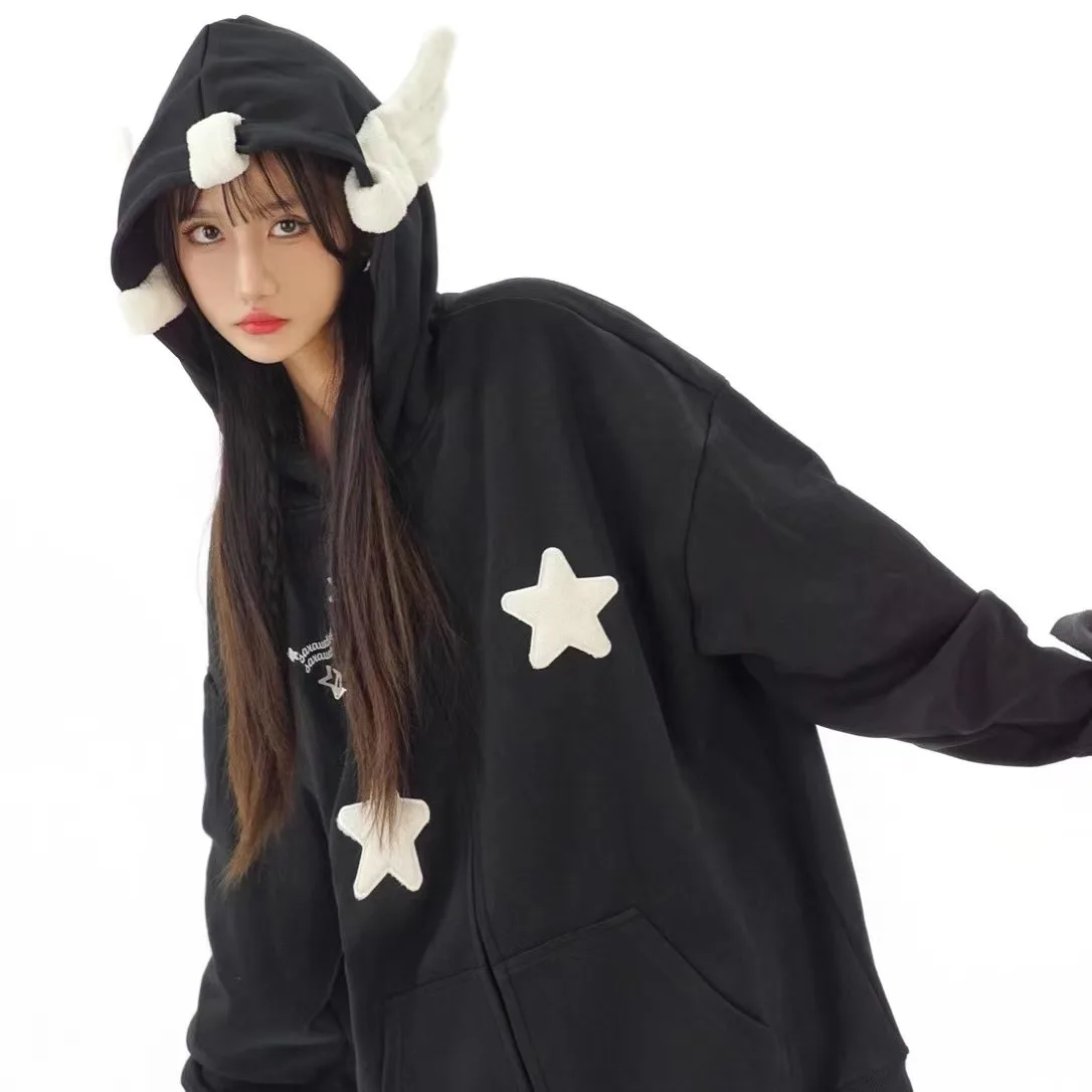 American Oversize Cute Wings Star Cardigan Coat Women\'s Spring and Autumn Loose Design High Street Spicy Girl Sweater