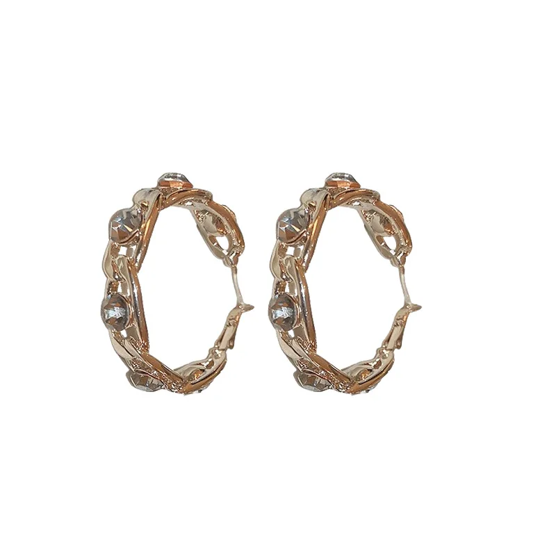 Rhinestone Metal Round Circle Hoop Earrings for Women Light Luxury Party Jewelry