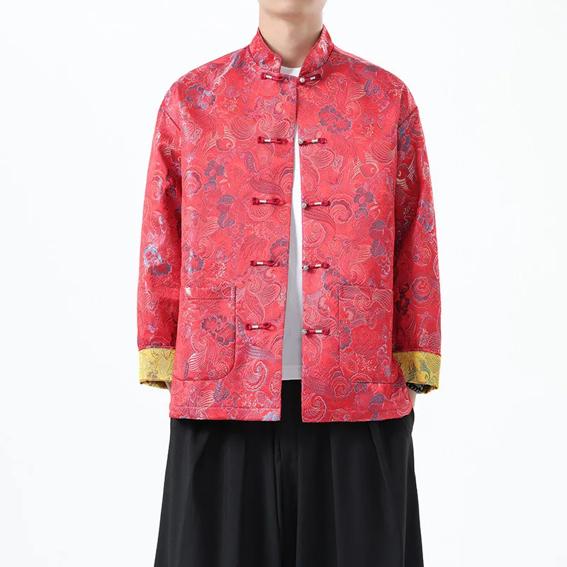 

New Chinese Sle Men's Tang Suit Jaet Spring Autumn Floral Embroidery Button Outerwear for Middle Aged And ly