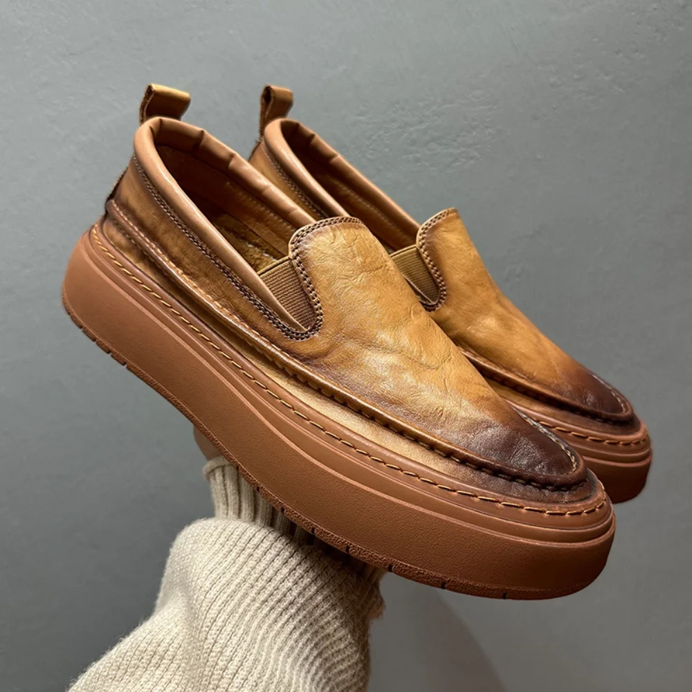 

New style genuine leather low-top casual men's loafers moccasins retro thick-soled slip-on shoes breathable men's shoes