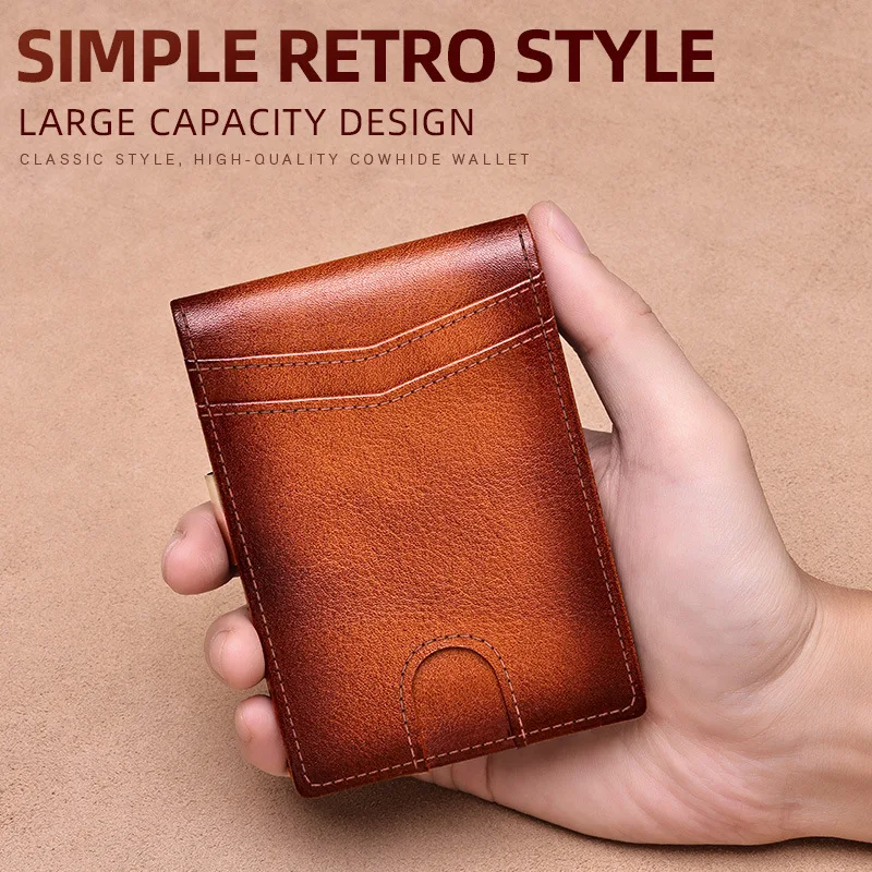 Genuine Leather RFID Card Holder Wallet Mini Slim Gentleman Dollar Money Clip