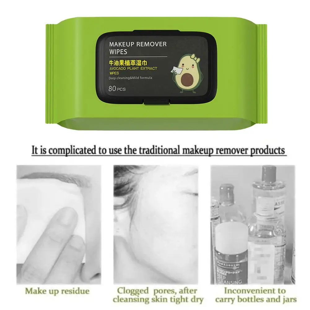 12/60/80Pcs Avocado makeup remover wipes Mild non-irritating makeup remover disposable wet wipes Makeup Remover Tools