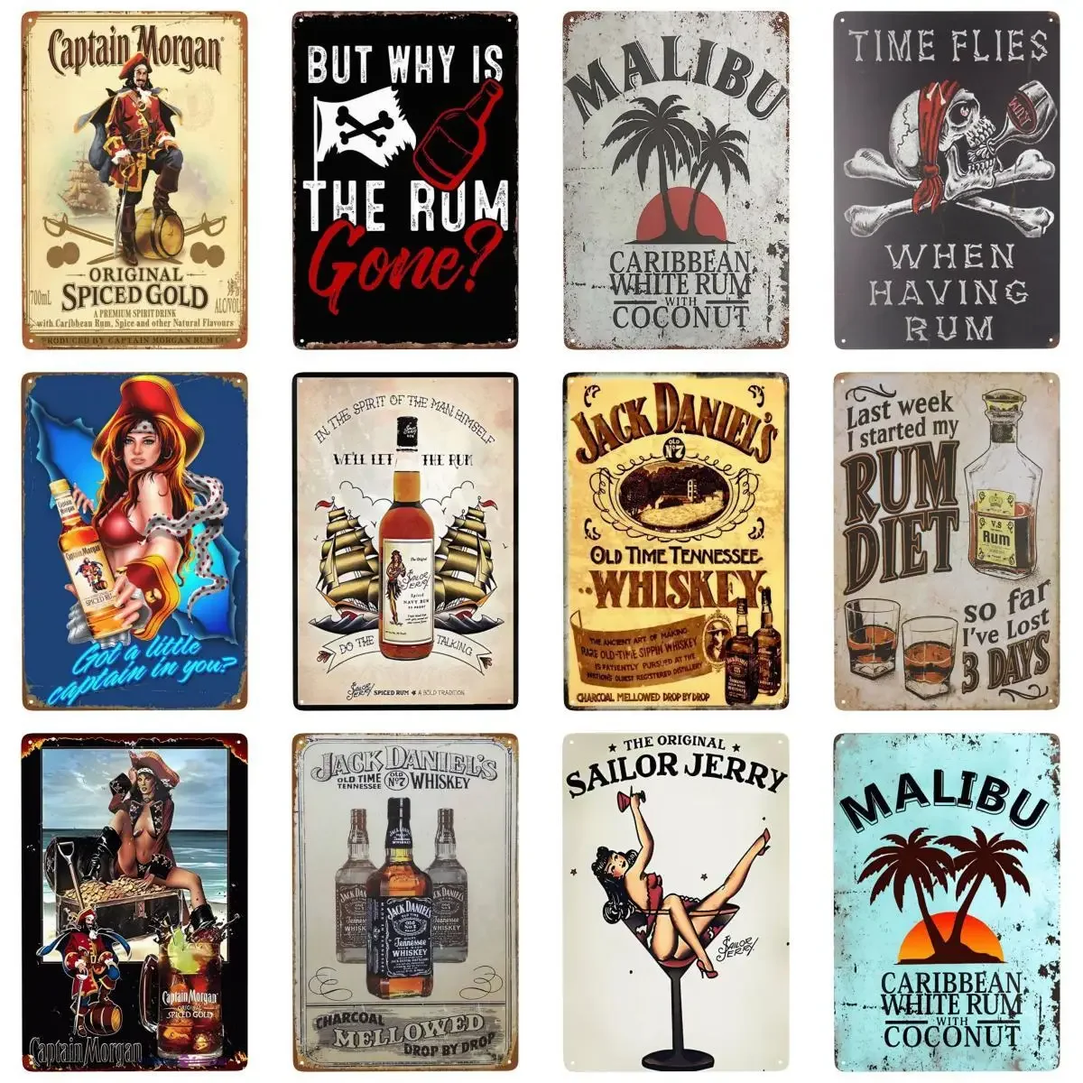 1pc Vintage Malibu Rum Metal Signs Captain Morgan Funny Sign Tin Signs Retro for Bar Pub Club Man Cave Wall Decoration 8x12 Inch