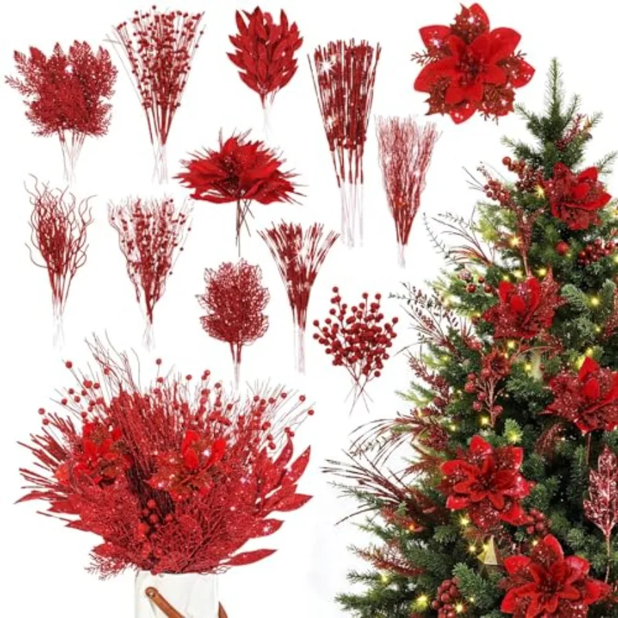 

108 Pcs Christmas Picks and Sprays 12 Styles Artificial Christmas Floral Berry Branches Flowers Stems for Xmas Tree Ornaments W