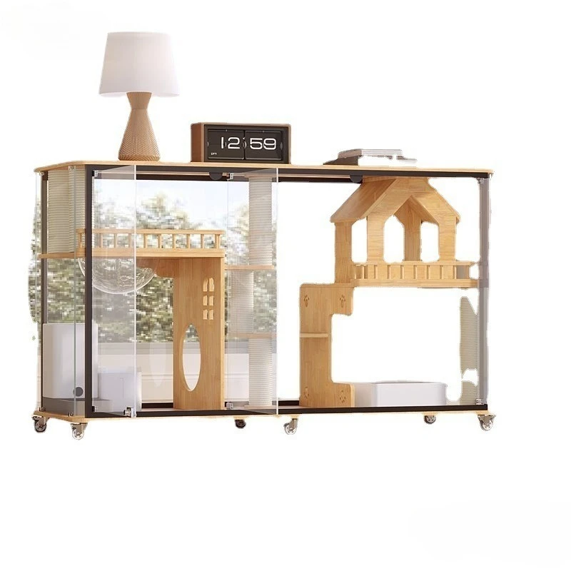 Fresh air  cabinet horizontal indoor transparent house cat villa, panoramic glass est household solid wood cat cage