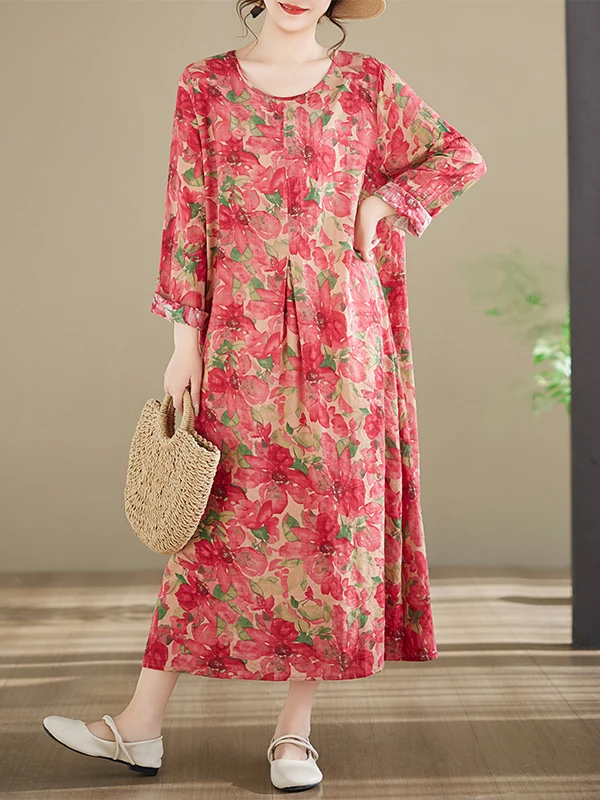 Artistic Large Size Floral Cotton Linen Long Sleeve Shirt Women's Autumn Mommy Style Age Reduction Meat Concealing Slimming O...
