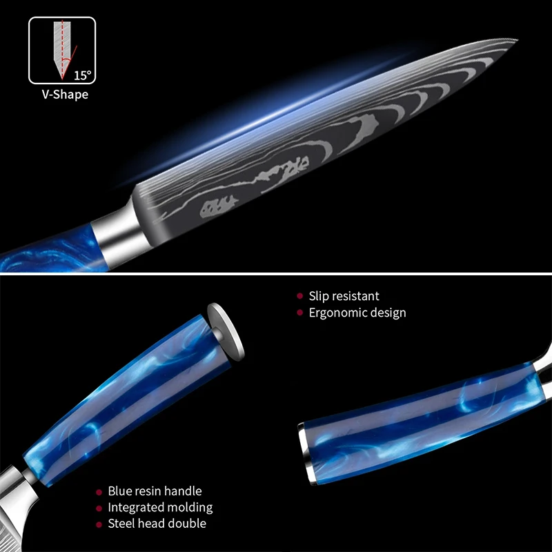 5 Inch Utility Knife Kitchen Knives Set Exquisite Blue Resin Handle Laser Damascus Pattern Chef Knife Cleaver Slicing Knives