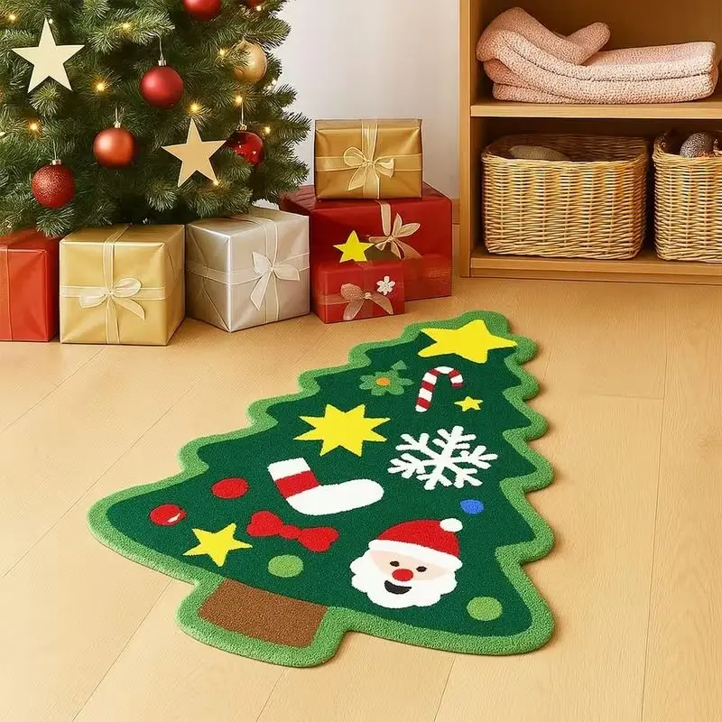 VIKAMA Cartoon Christmas Tree Rug, Soft Plush Imported Rug, Non-Slip and Washable Indoor Entryway Doormat, Christmas Home Decor