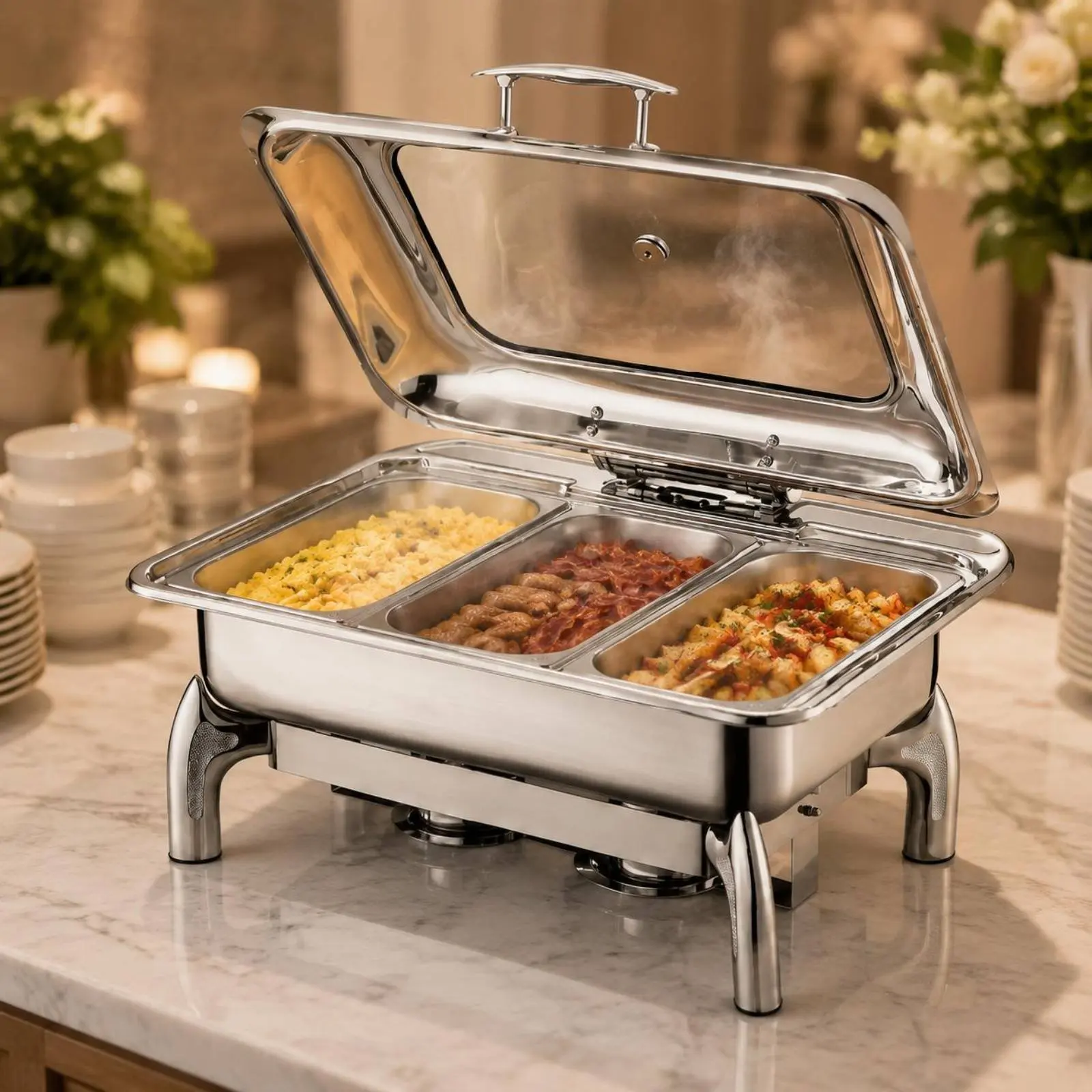 

Electric Alcohol Chafer Dual Heating Electric Chafing Dish Visible Window Heat Retention Food Service for Hotels, Catering Event