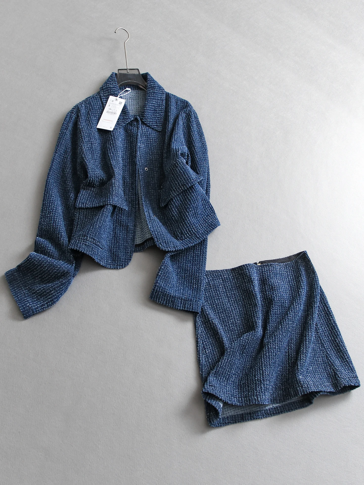 Loose Fit Long Sleeve Denim Blue Jacket with Texture Women's Set High Waist  Skirt Casual Style Spring Autumn Wear
