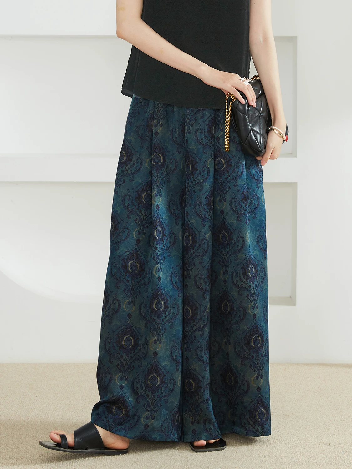 National Style Printed 100% Natural Mulberry Silk Fragrant Cloud Yarn Casual Elastic Waist Women's Fashionable Wide Leg Pants