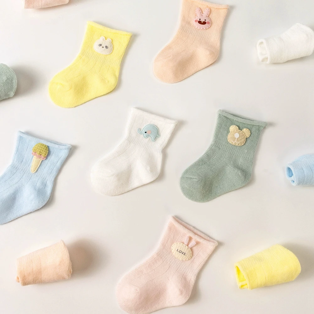 Baby Cotton Socks with 3D Patches for Toddler 0-3 Years Soft Breathable Summer Floor Socks Cute Cartoon Photo Prop 3 Pairs/set