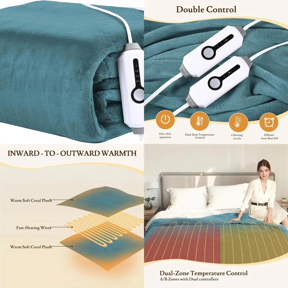 Manta eléctrica tamaño Queen 84x90 - 4 opciones de temperatura, controles duales, apagado automático, forro polar coral blando, protección contra sobrecalentamiento, verde azulado