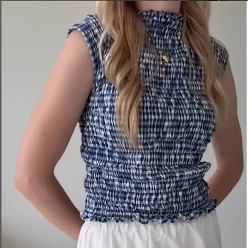 Y2k Plaid Shirred Tank Top Women Gingham Sleeveless Ruffle Frill Crop Top Smocked Peplum Going Out Tops